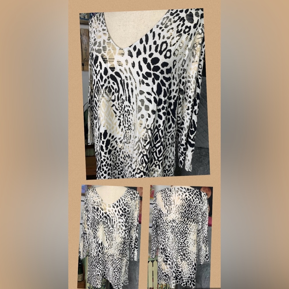 3/$30 Chico's Shirt Animal Print Tan Blouse Asymmetrical Stretch Size 2